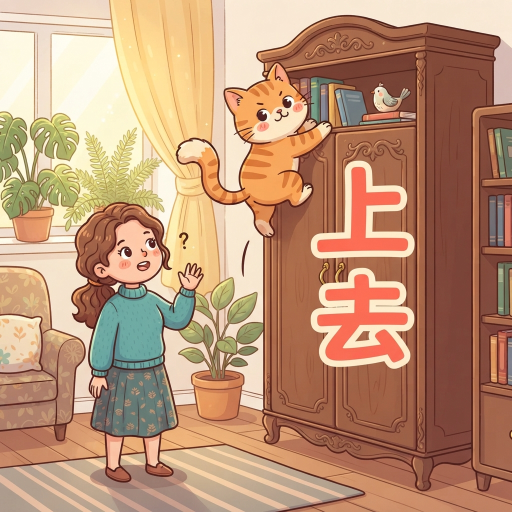 Mnemonic for 上去 (shàng qù) — to go up (away from speaker)