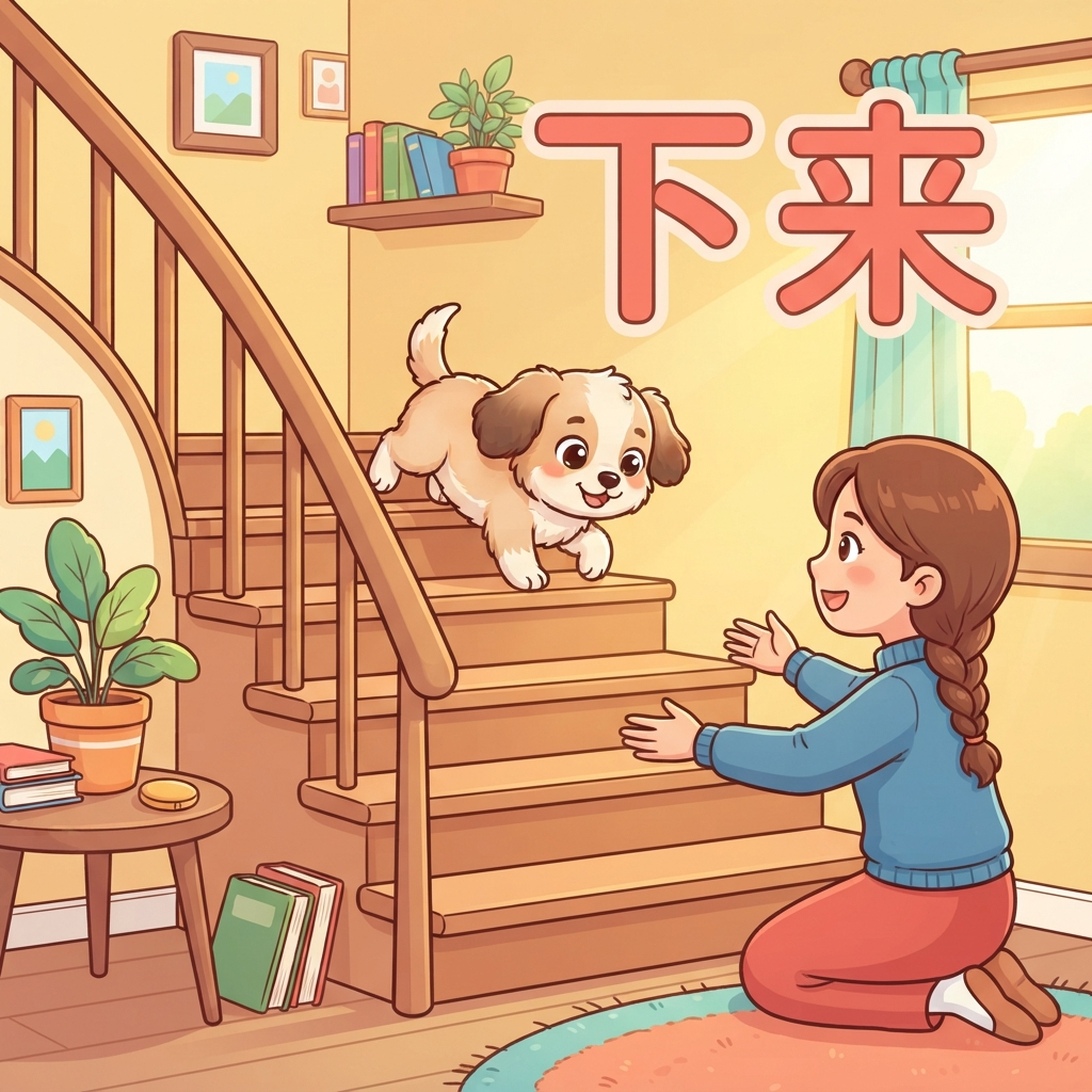 Mnemonic for 下来 (xià lái) — come down (towards speaker)