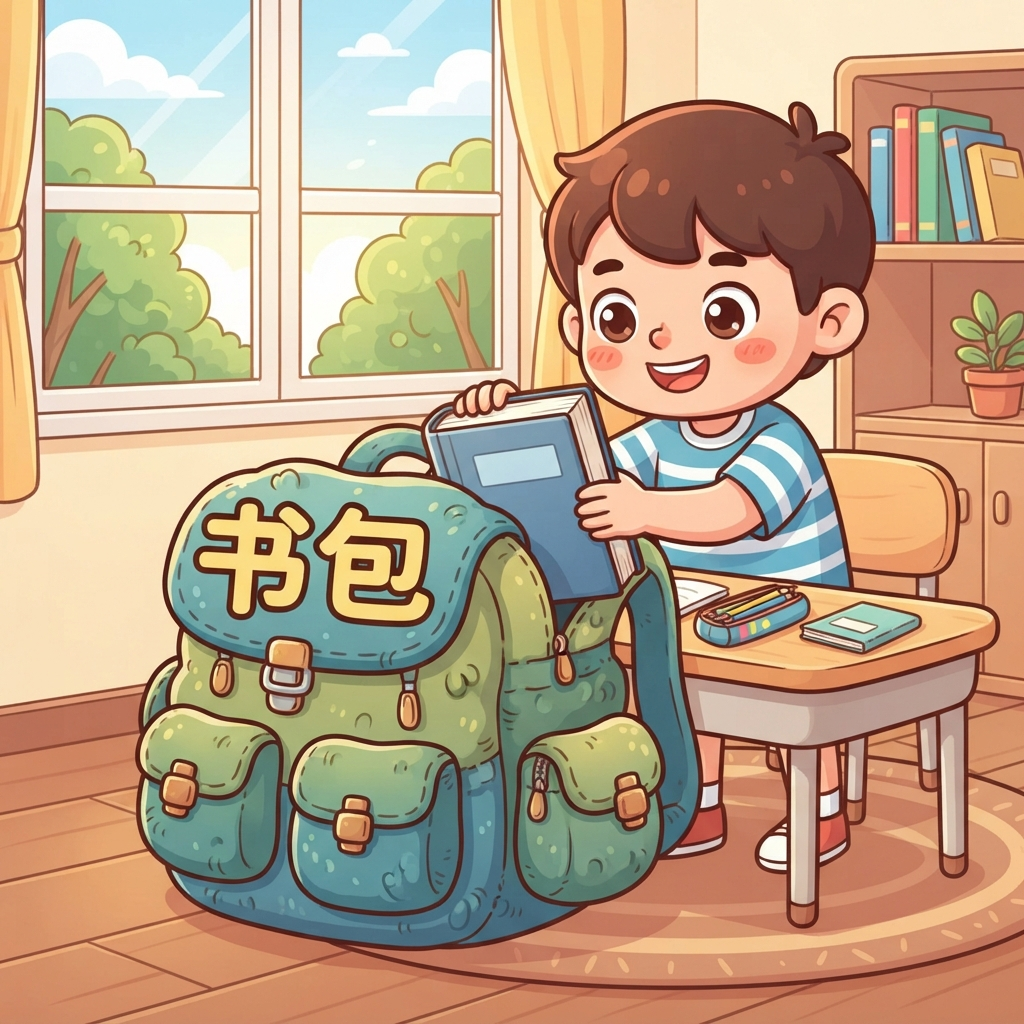 Mnemonic for 书包 (shū bāo) — school backpack
