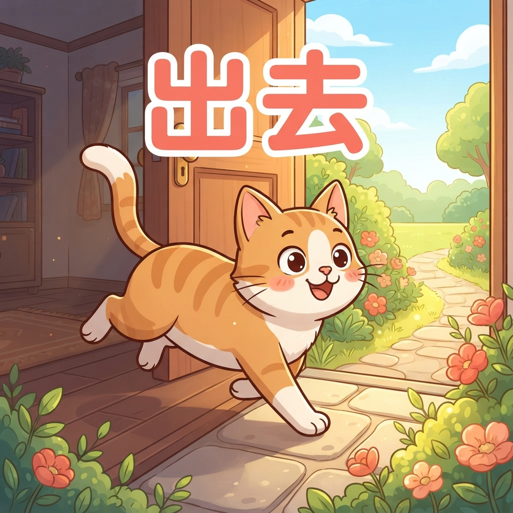 Mnemonic for 出去 (chū qù) — go out