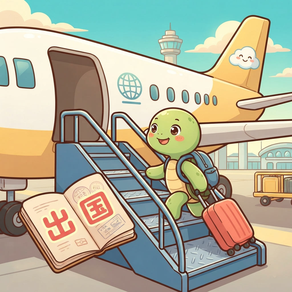 Mnemonic for 出国 (chū guó) — to go abroad