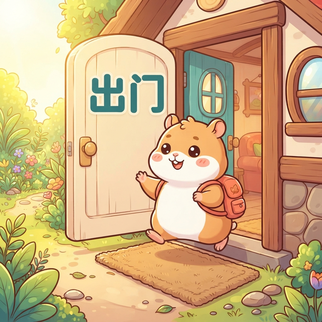 Mnemonic for 出门 (chū mén) — go out