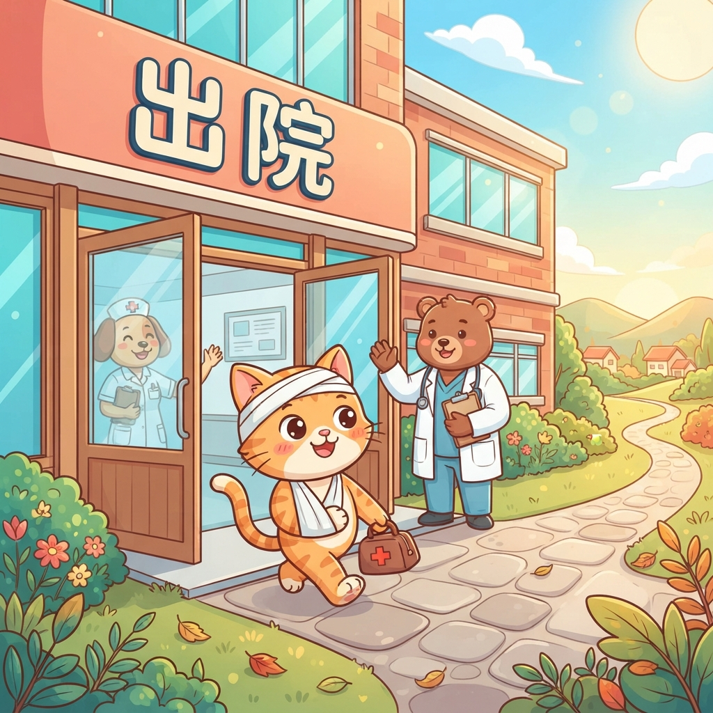 Mnemonic for 出院 (chū yuàn) — to be discharged from hospital