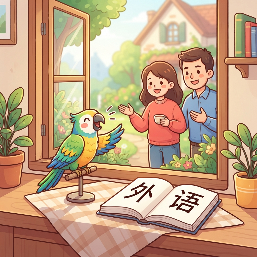 Mnemonic for 外语 (wài yǔ) — foreign language