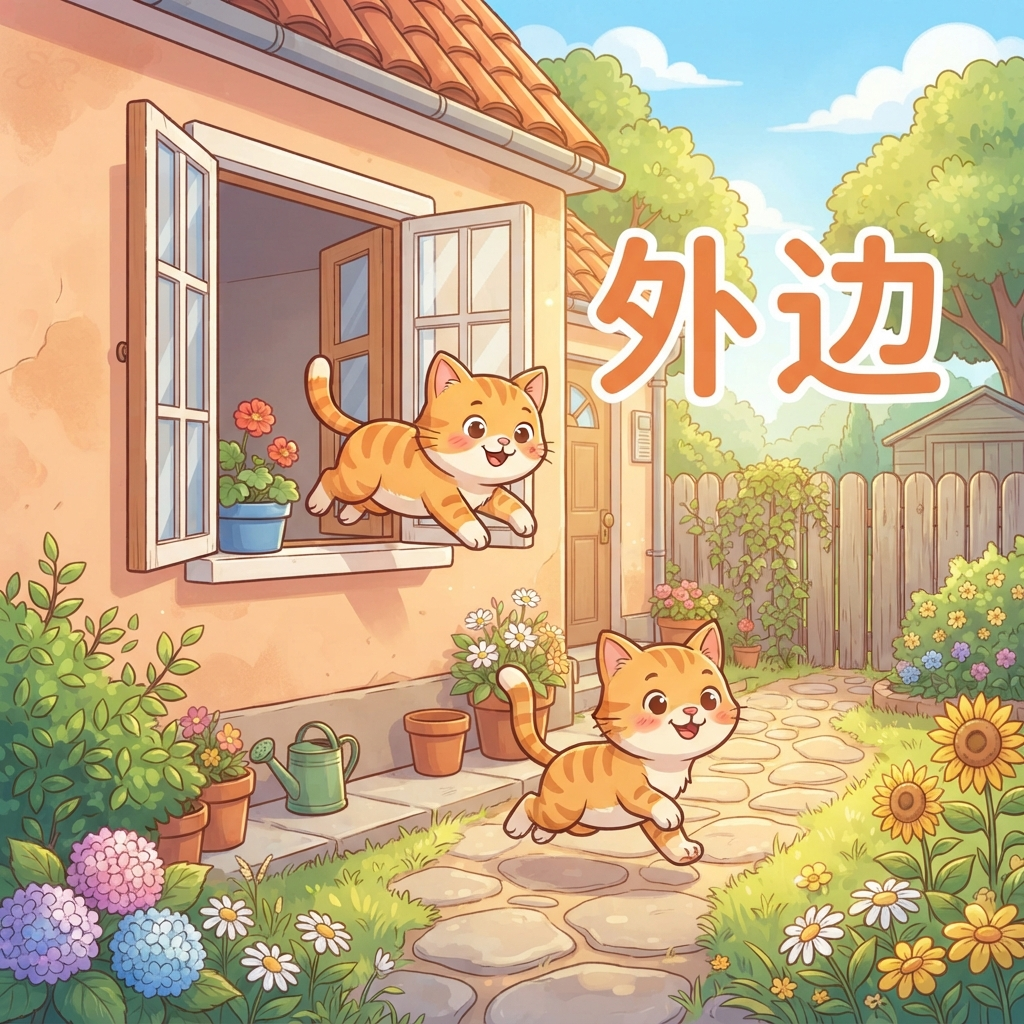 Mnemonic for 外边 (wài bian) — outside