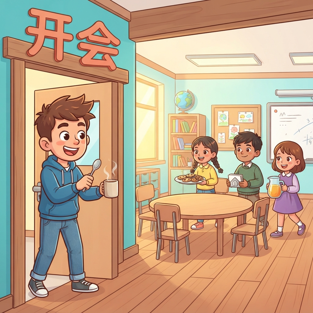 Mnemonic for 开会 (kāi huì) — to hold a meeting