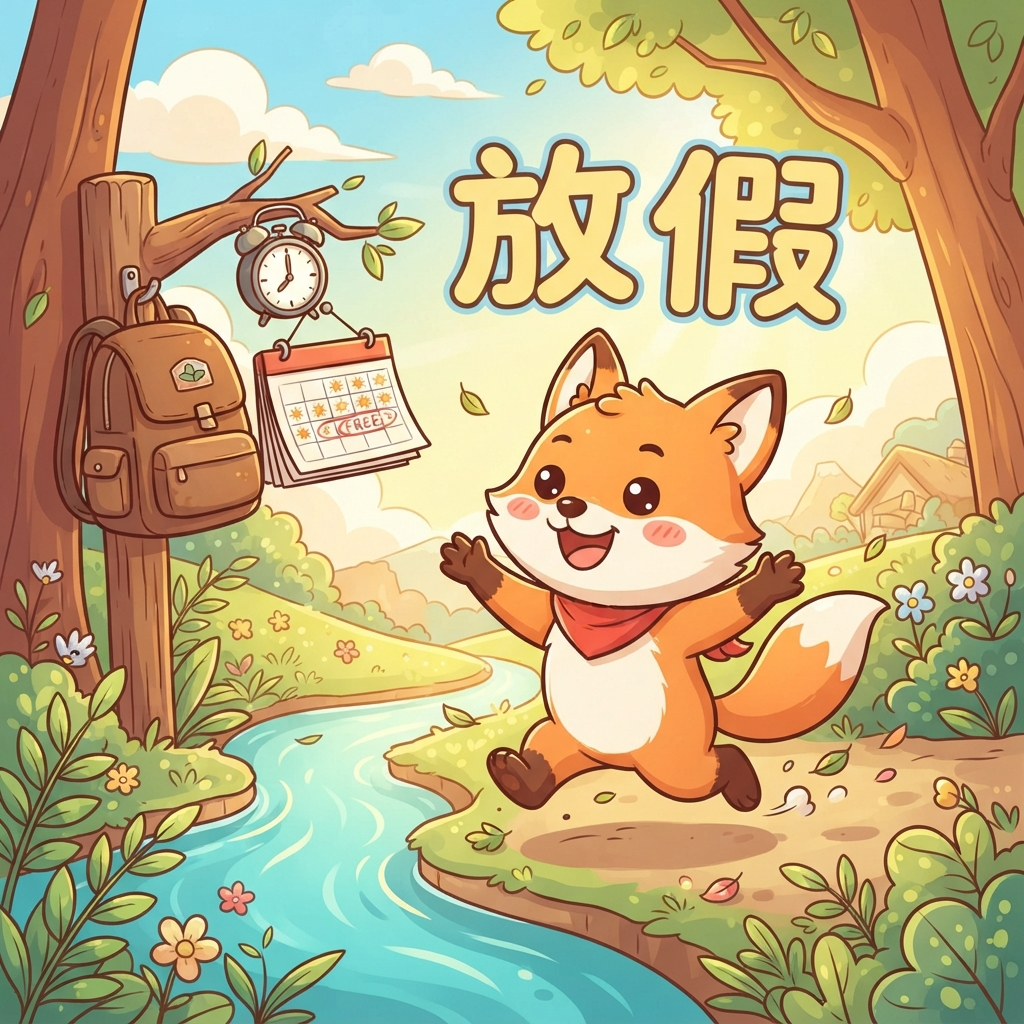 Mnemonic for 放假 (fàng jià) — to have a holiday, to be on vacation