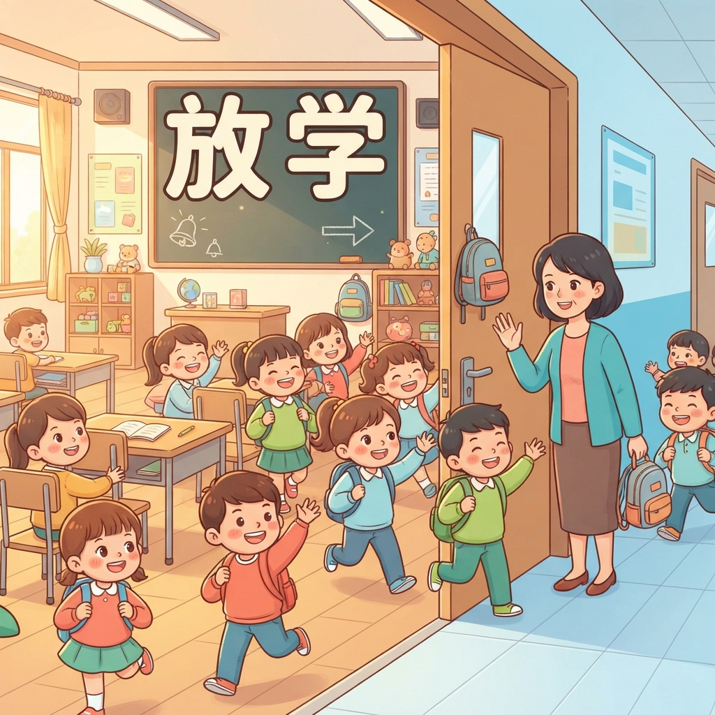 Mnemonic for 放学 (fàng xué) — finish school