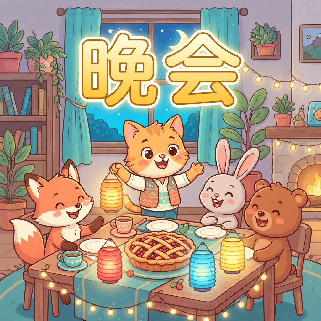 Mnemonic for 晚会 (wǎn huì) — evening party