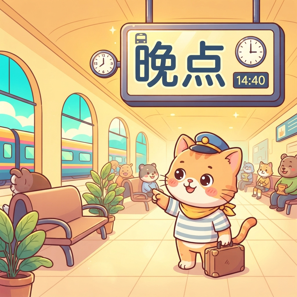 Mnemonic for 晚点 (wǎn diǎn) — to be late