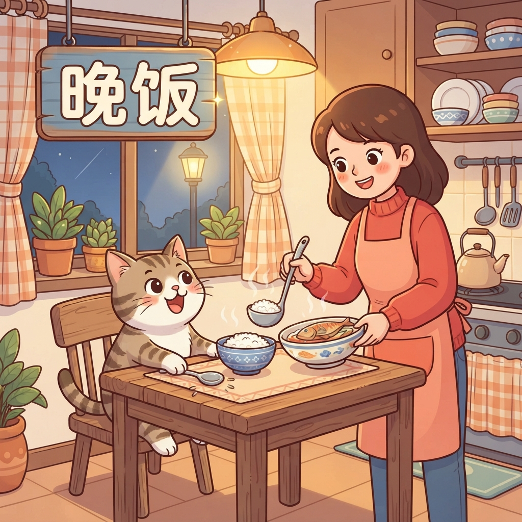 Mnemonic for 晚饭 (wǎn fàn) — dinner