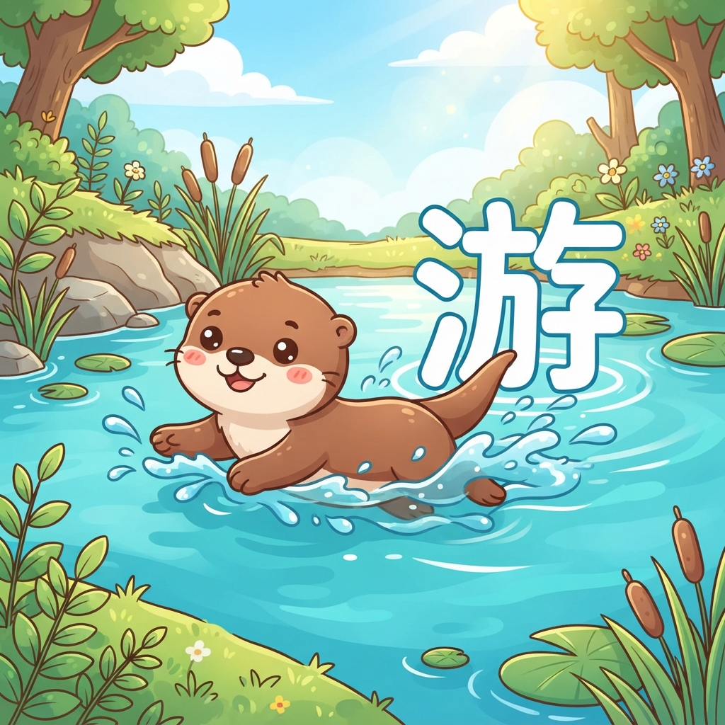 Mnemonic for 游 (yóu) — to swim