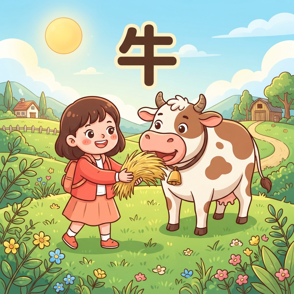 Mnemonic for 牛 (niú) — cow