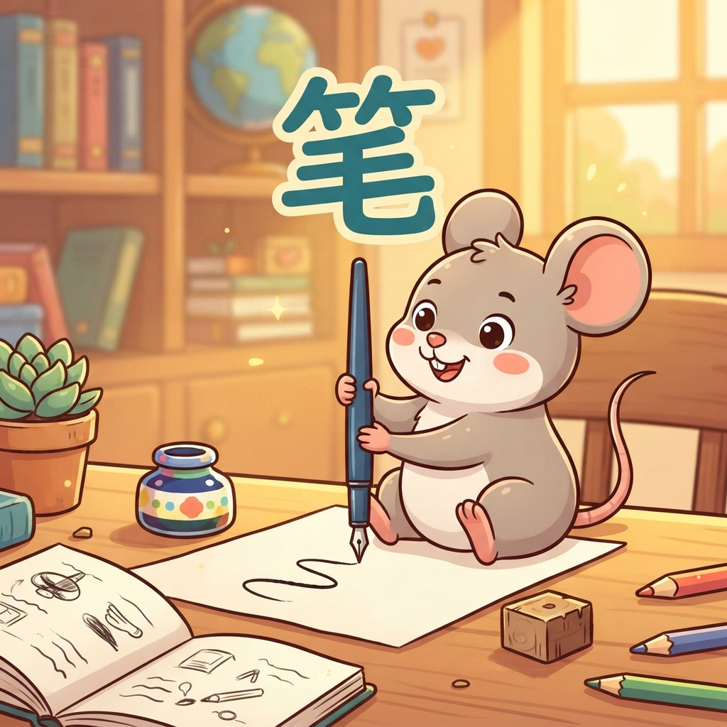 Mnemonic for 笔 (bǐ) — pen; measure word for sums of money and transactions