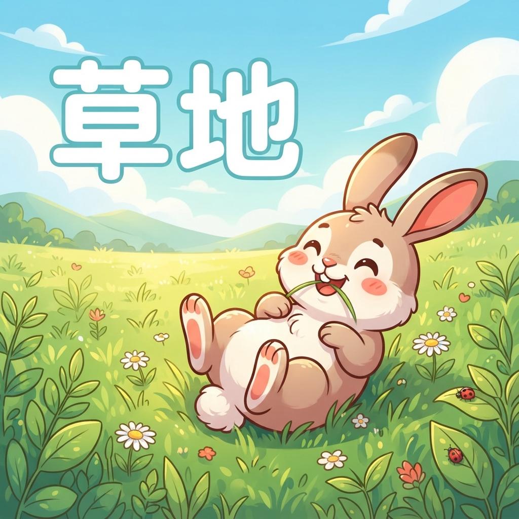 Mnemonic for 草地 (cǎo dì) — lawn, meadow