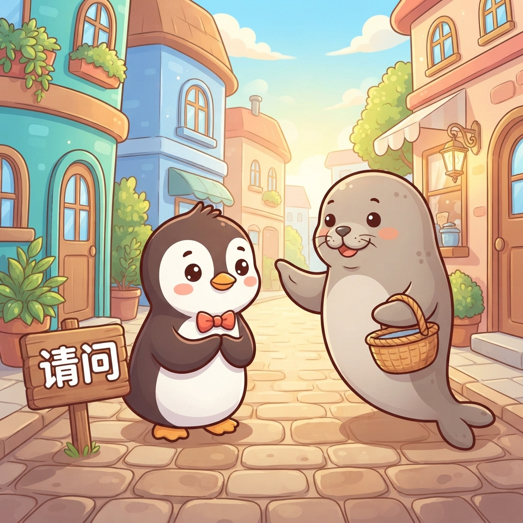 Mnemonic for 请问 (qǐng wèn) — excuse me, may i ask
