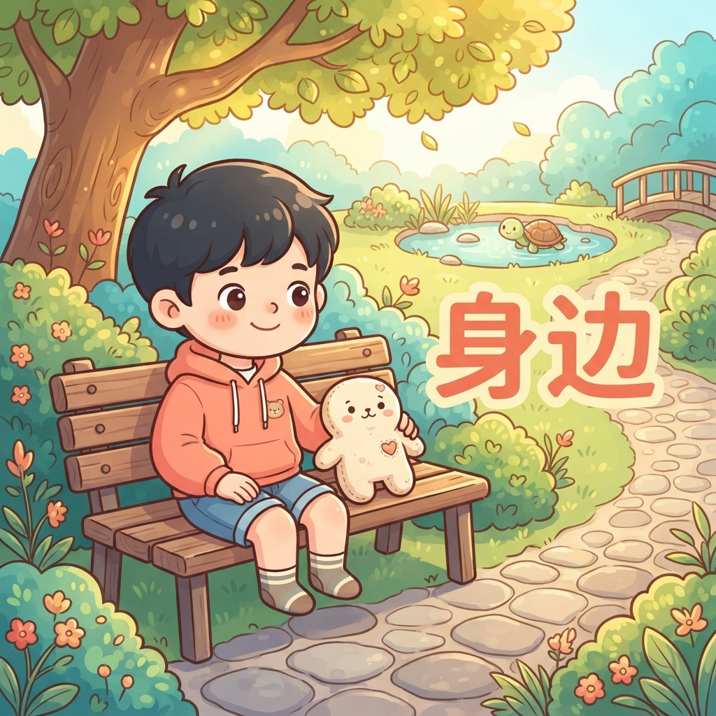 Mnemonic for 身边 (shēn biān) — by one's side