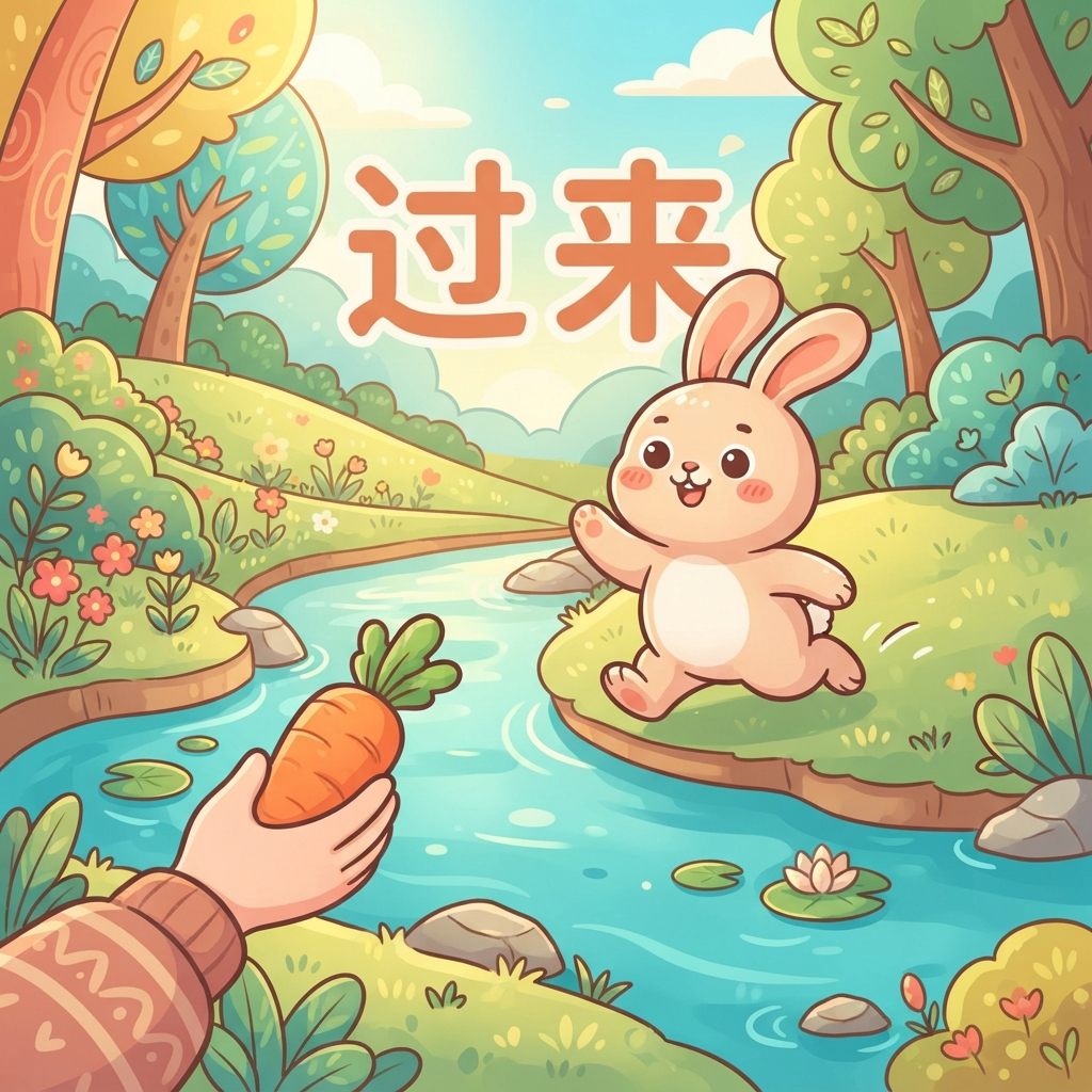 Mnemonic for 过来 (guò lái) — come over (toward speaker)