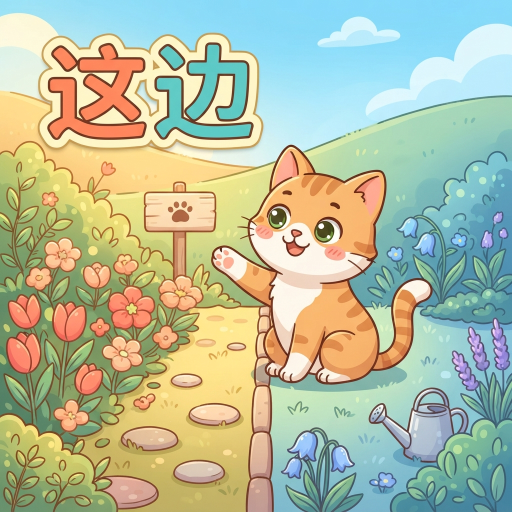 Mnemonic for 这边 (zhè biān) — this side