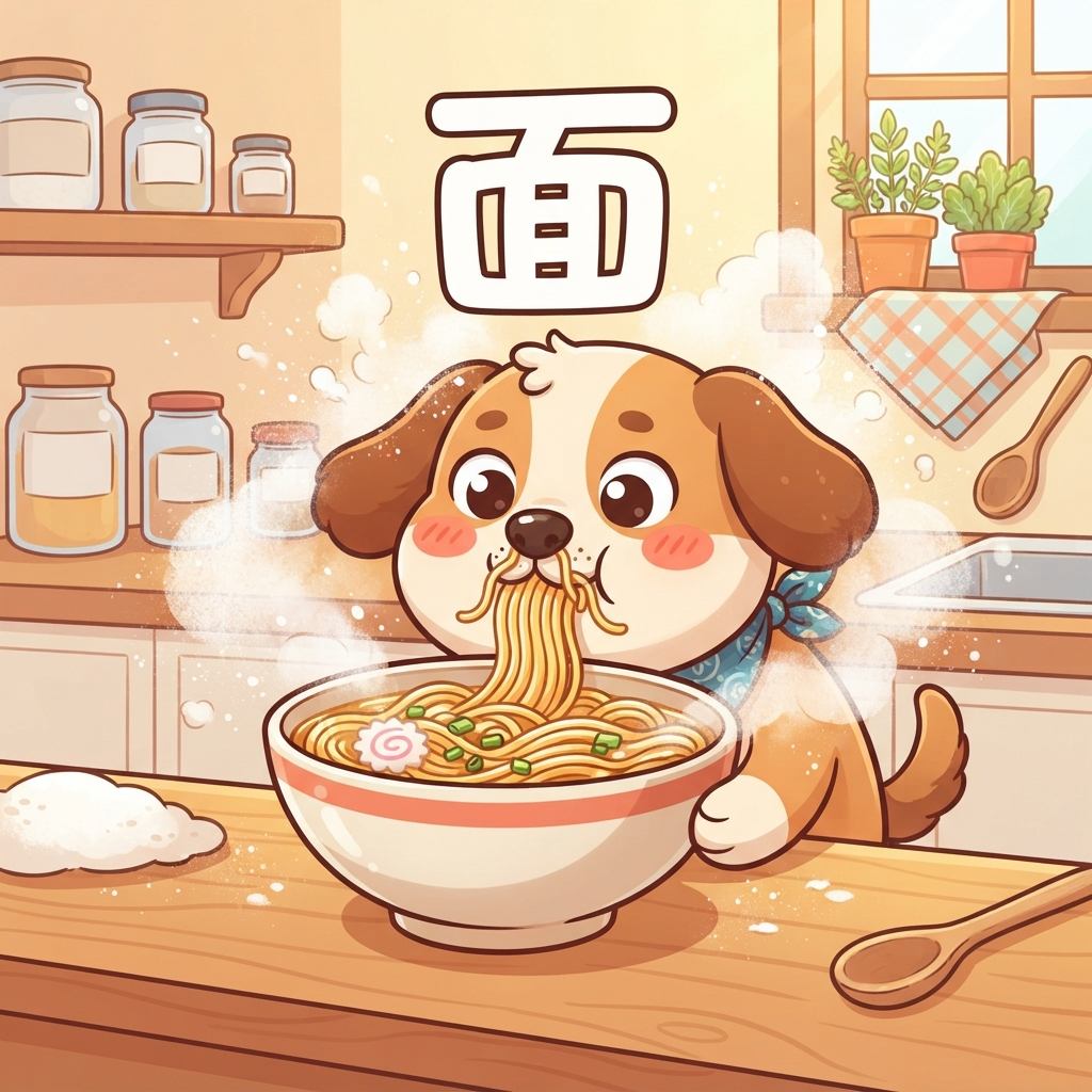 Mnemonic for 面 (miàn) — face; noodles; flour; surface; side; measure word