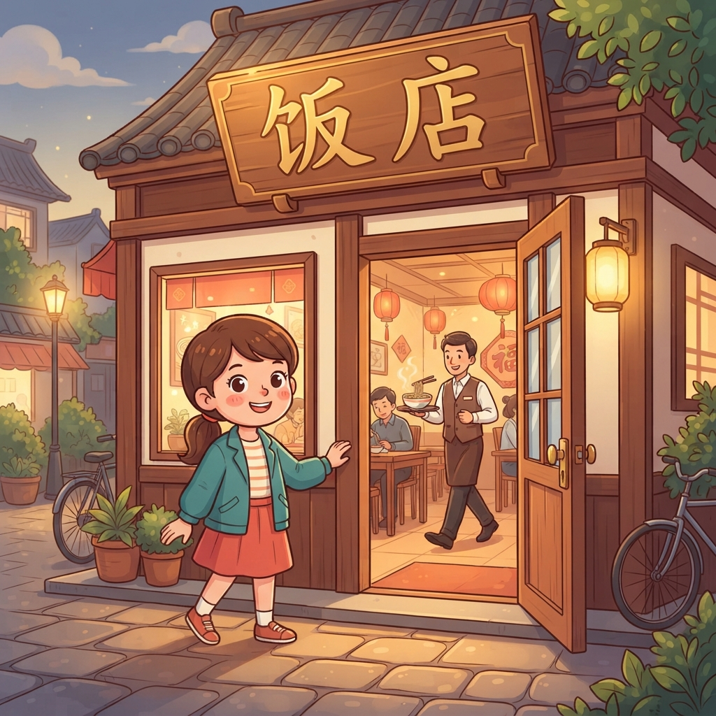 Mnemonic for 饭店 (fàn diàn) — restaurant